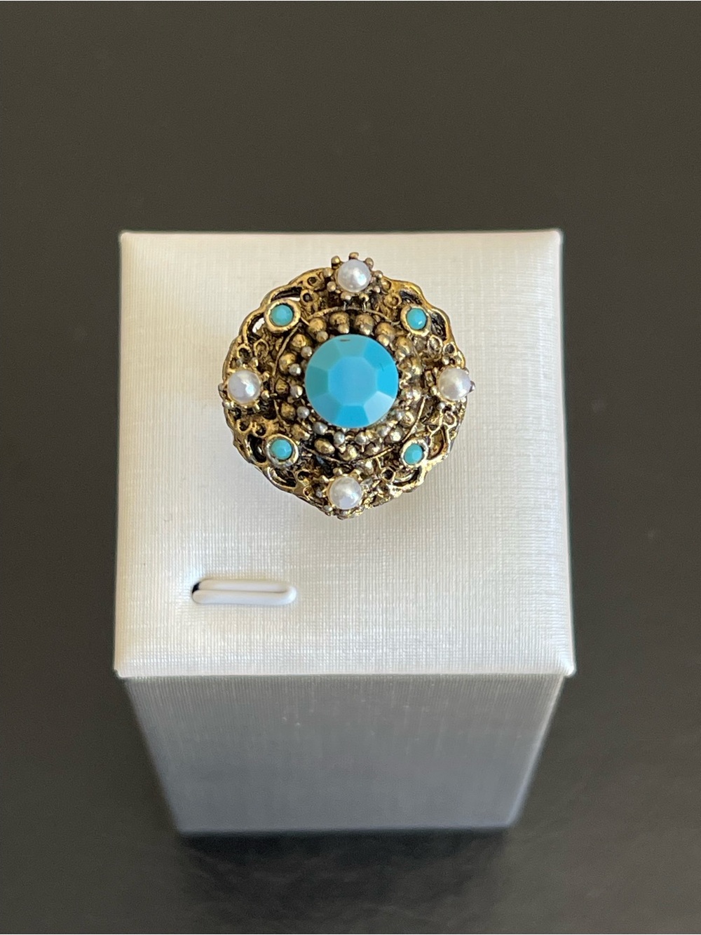 Vintage faux Turquoise & Pearl Statement Ring